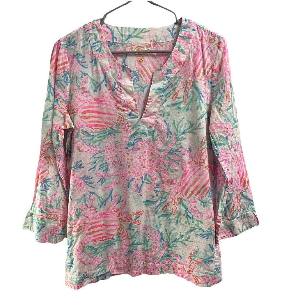 Lilly Pulitzer Womens Amelia Island Getting Steamy Pink/Blue Crab tunic Top Sz.M